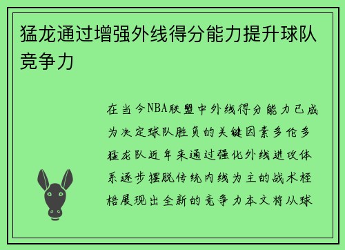猛龙通过增强外线得分能力提升球队竞争力