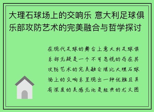 大理石球场上的交响乐 意大利足球俱乐部攻防艺术的完美融合与哲学探讨