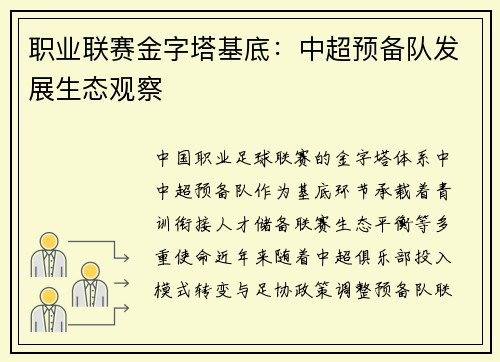 职业联赛金字塔基底：中超预备队发展生态观察